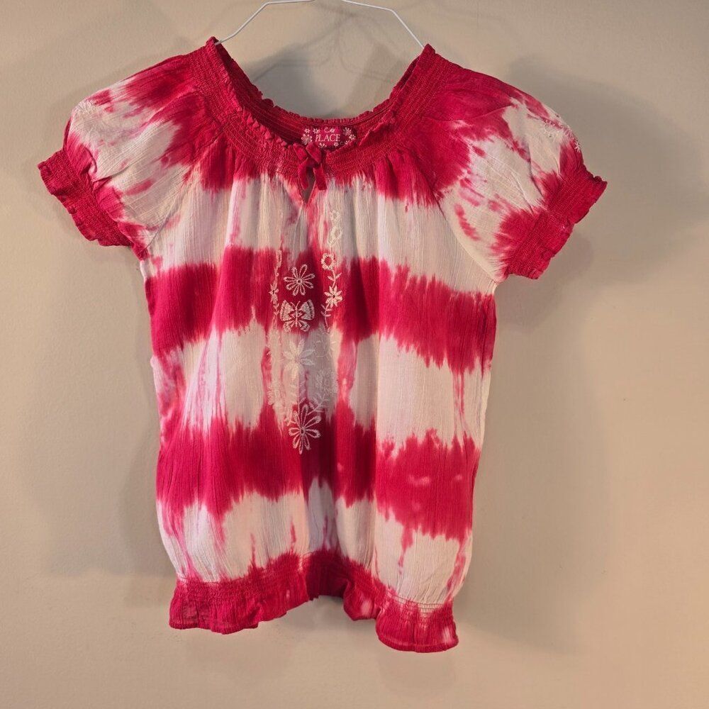 Girls Place Tie Die Embroidered Shirt Size Large 10 - 12 Pink White Summer Top